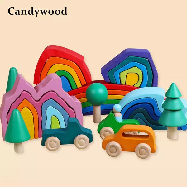 Load image into Gallery viewer, Small Cars Wooden Rainbow Stacker Natural Wood CNF7
