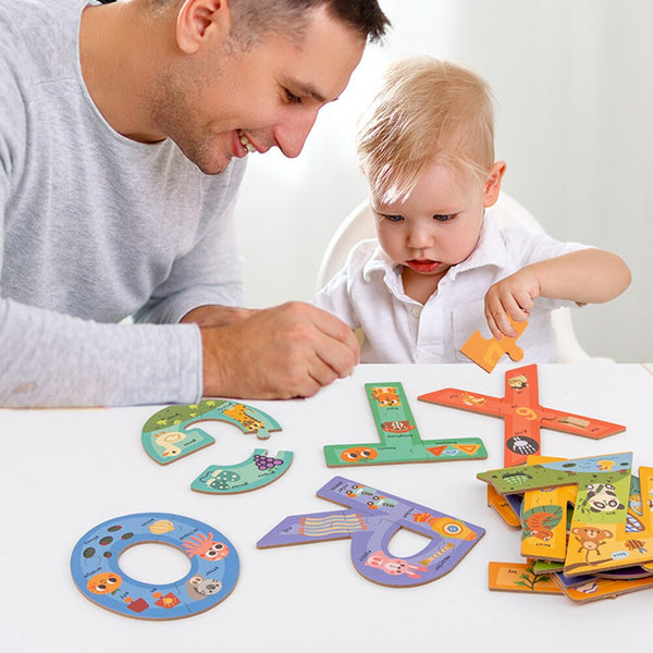 Load image into Gallery viewer, Wooden Number &amp; Alphabet Puzzle with Colorful Patterns CNF6
