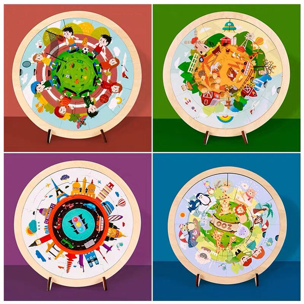 تحميل الصورة في عارض الصور ، Round Puzzles Montessori Toys Kids Wooden 3d Puzzle Educational Bracket Bricks Board CNF6
