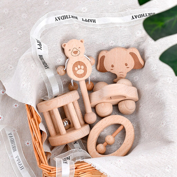 Load image into Gallery viewer, 5Pcs Wooden Teether Rattle Toys Beech Wood Teething Ring CNF7
