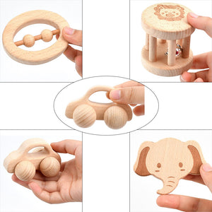 5Pcs Wooden Teether Rattle Toys Beech Wood Teething Ring CNF7