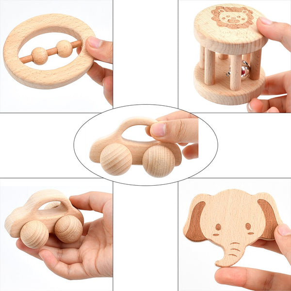 Load image into Gallery viewer, 5Pcs Wooden Teether Rattle Toys Beech Wood Teething Ring CNF7
