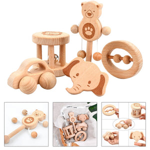 5Pcs Wooden Teether Rattle Toys Beech Wood Teething Ring CNF7