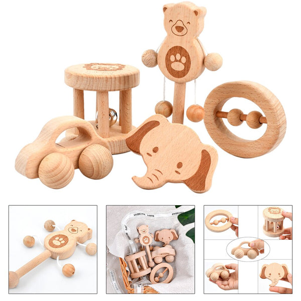 Load image into Gallery viewer, 5Pcs Wooden Teether Rattle Toys Beech Wood Teething Ring CNF7
