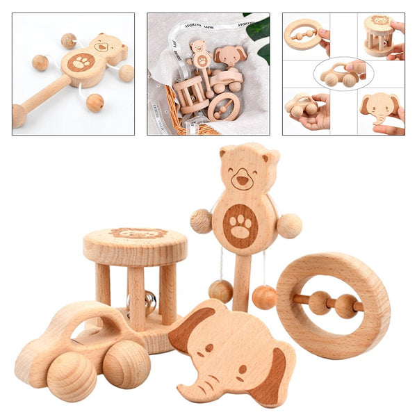 Load image into Gallery viewer, 5Pcs Wooden Teether Rattle Toys Beech Wood Teething Ring CNF7

