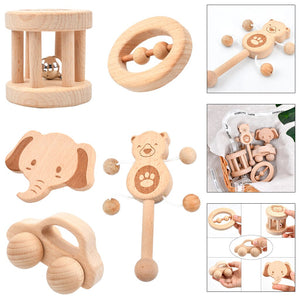 5Pcs Wooden Teether Rattle Toys Beech Wood Teething Ring CNF7