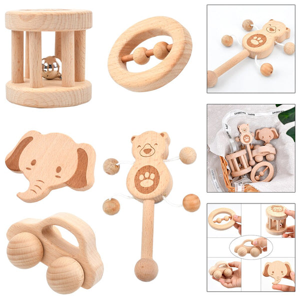 Load image into Gallery viewer, 5Pcs Wooden Teether Rattle Toys Beech Wood Teething Ring CNF7
