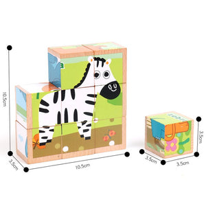 Beech Wooden Cartoon Animal Puzzle Toys 9pcs Single 6 Sides CNF5
