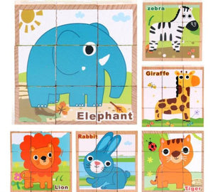 Beech Wooden Cartoon Animal Puzzle Toys 9pcs Single 6 Sides CNF5