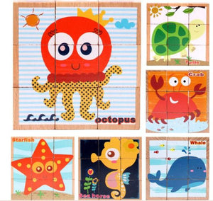 Beech Wooden Cartoon Animal Puzzle Toys 9pcs Single 6 Sides CNF5