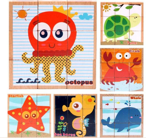 Load image into Gallery viewer, Beech Wooden Cartoon Animal Puzzle Toys 9pcs Single 6 Sides CNF5
